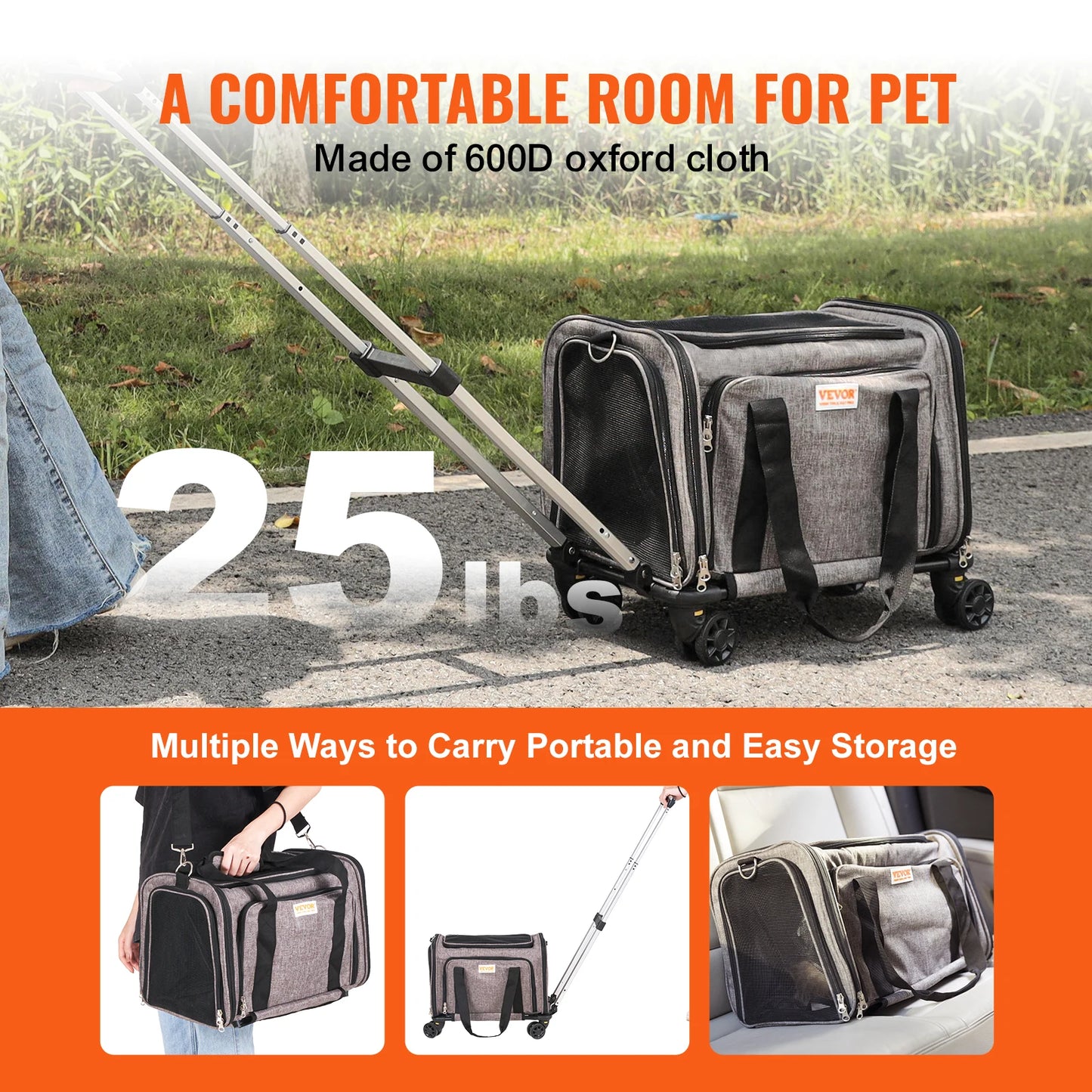 Dog/ cat Carry Backpack with Telescopic Handle Wheels and Shoulder Strap