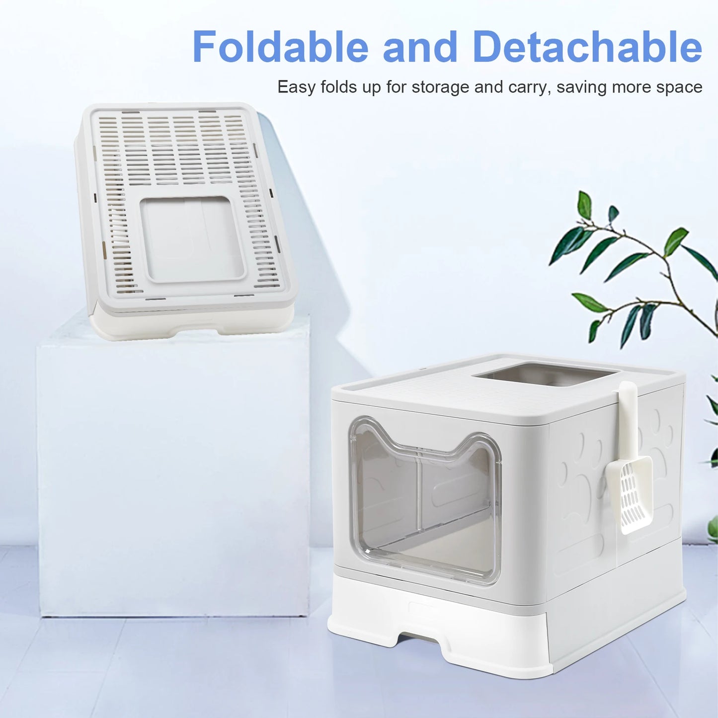 Foldable Cat Litter Box with Front Entry & Top Exit with Tray