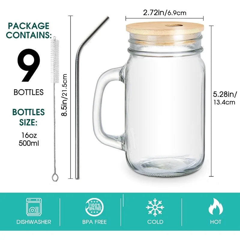 9 Pack 16 Oz Mason Jar with Bamboo Lid and Straw