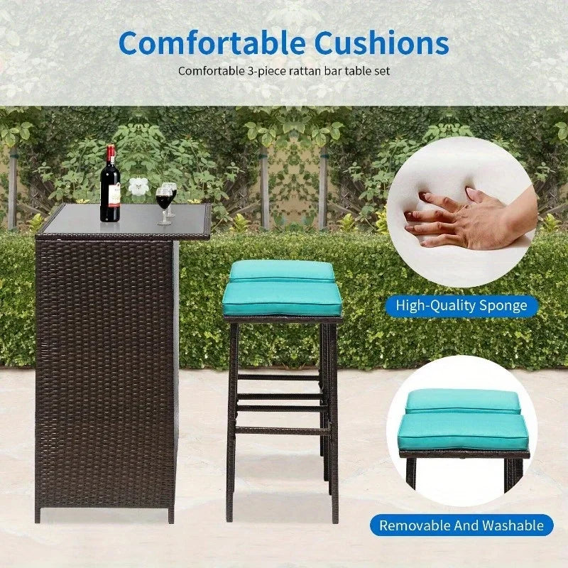Three Piece Outdoor Bar Set Terrace Wicker Counter High Table with Solid Frame