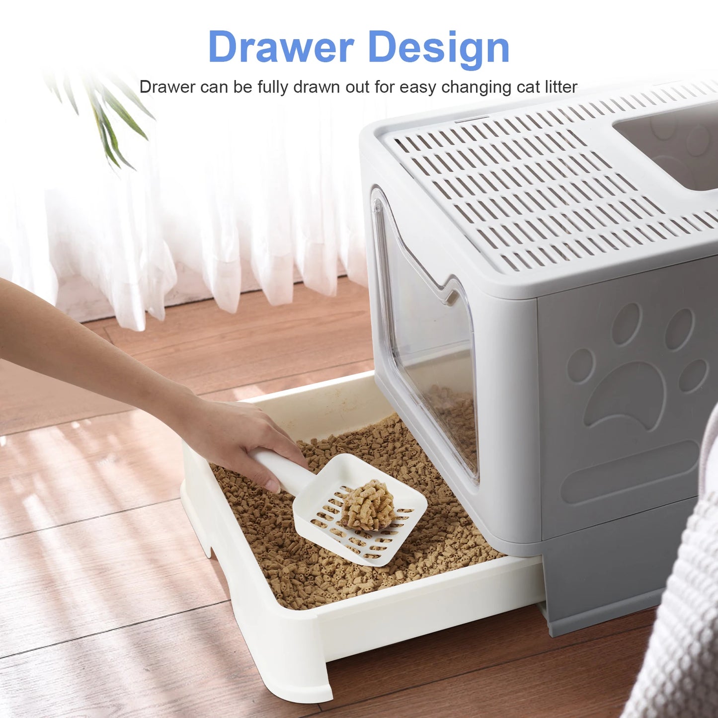 Foldable Cat Litter Box with Front Entry & Top Exit with Tray