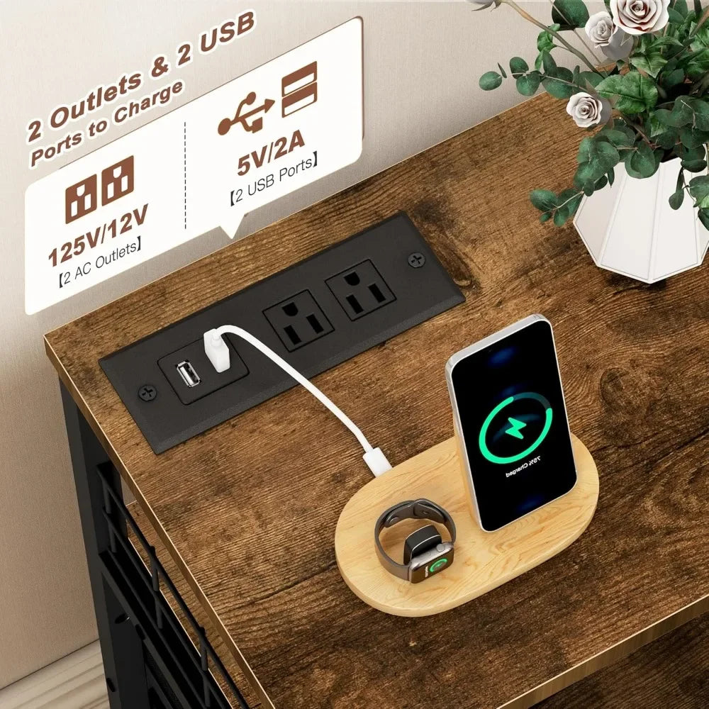 Nightstand Set of 2 With Charging Station And Led Lights