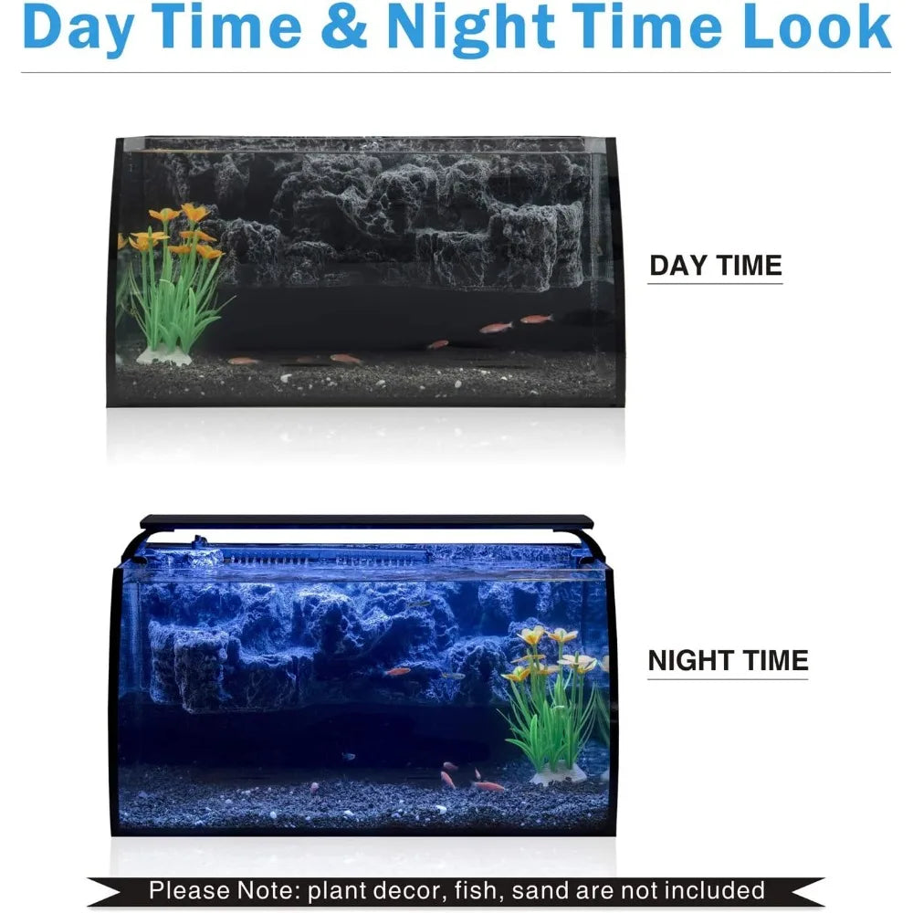 8 Gallon LED  curved Glass Aquarium Kit for Starters with,with 3D Rockery Background Decor