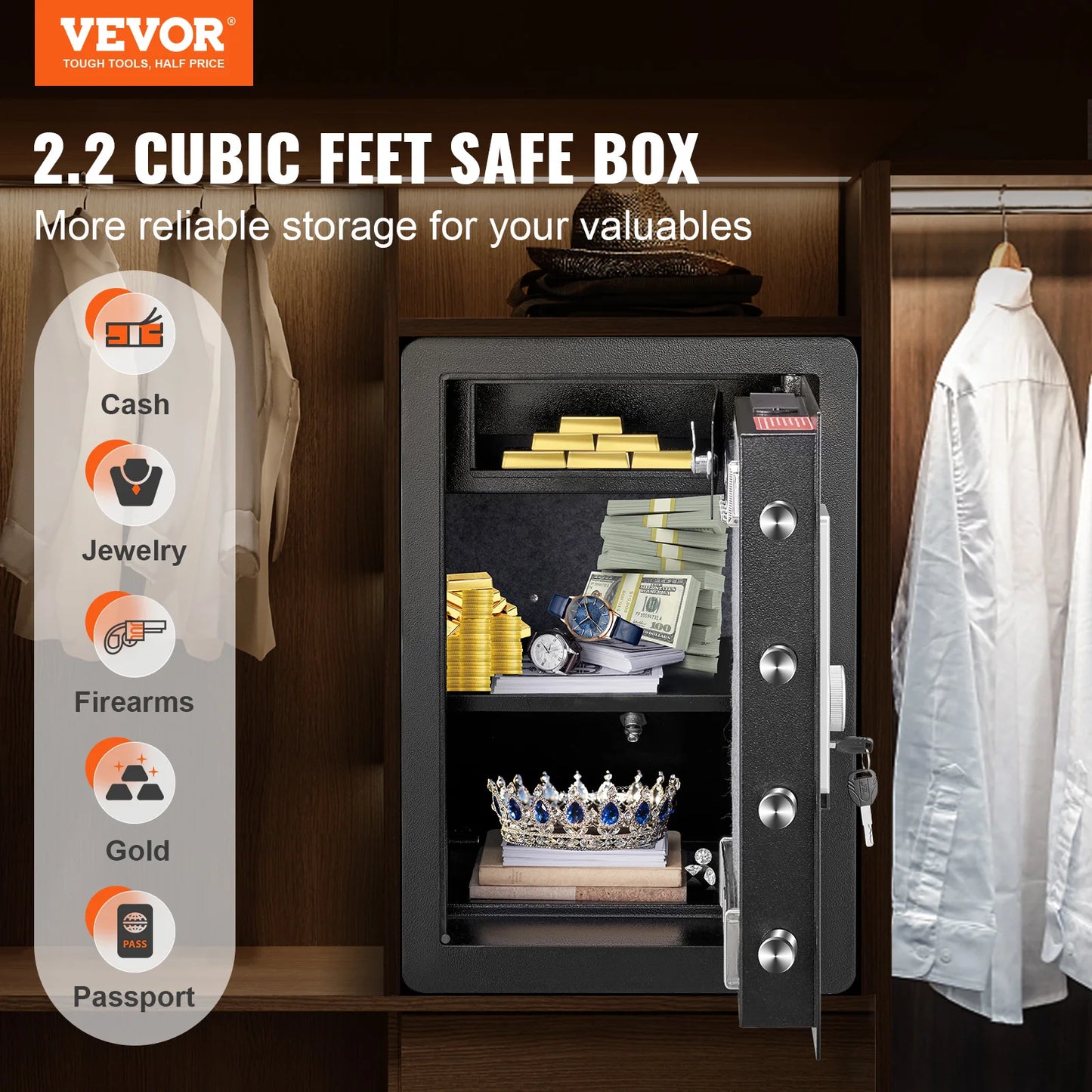 VEVOR Electric Safe 2.2/1.8 Cubic Feet Fingerprint Security Cabinet