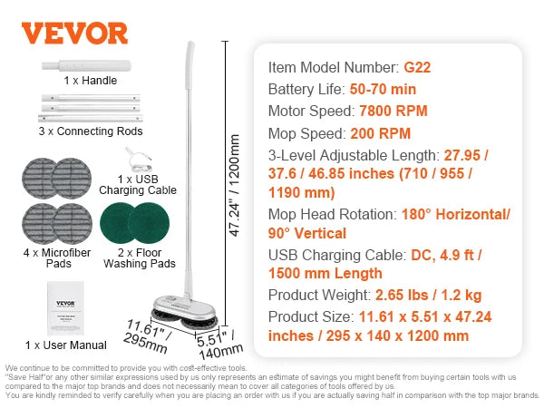 Cordless Electric Mop Up to 40/70 mins Battery