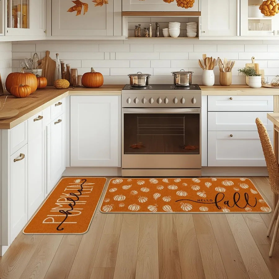 Orange Pumpkin Fall Kitchen Mats Set Of 2 17x29 And 17x47
