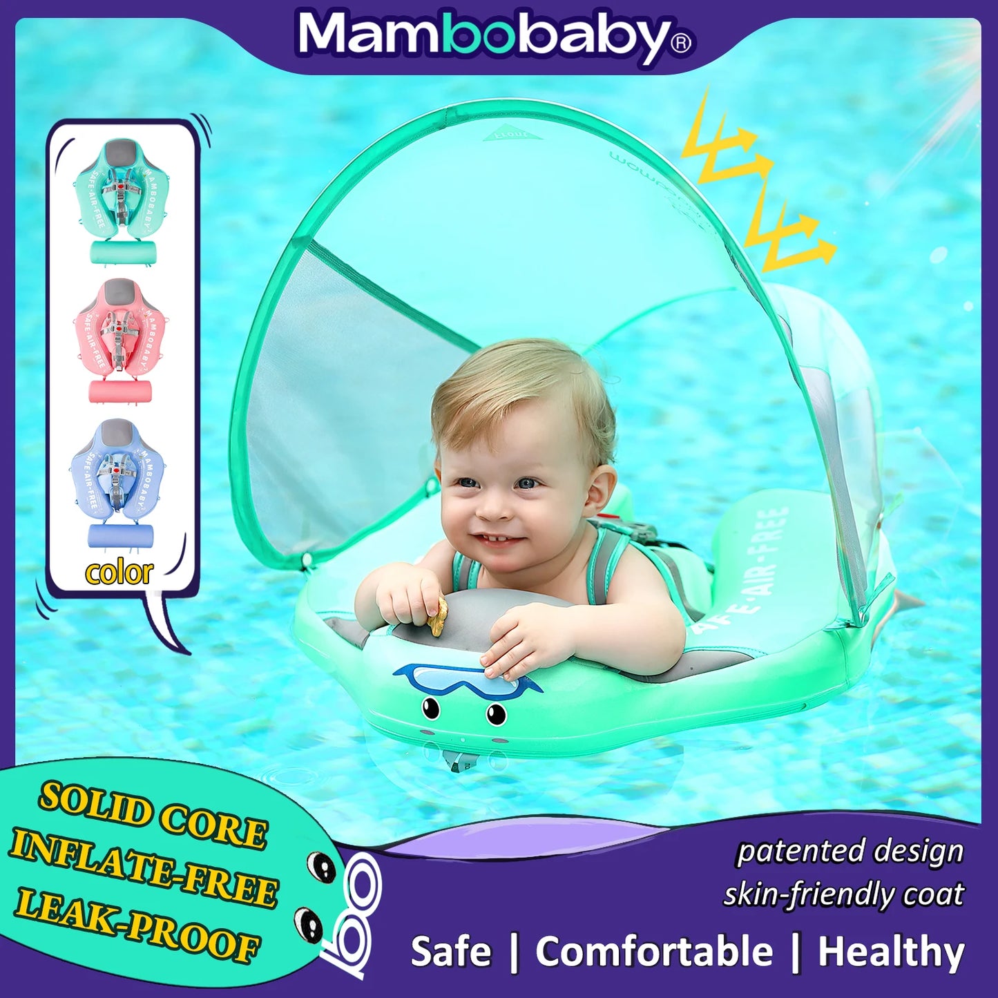 Mambobaby Baby Float with Sunshade Canopy and Crotch Strap Inflatable Safe Core Swimming Pool Accessory