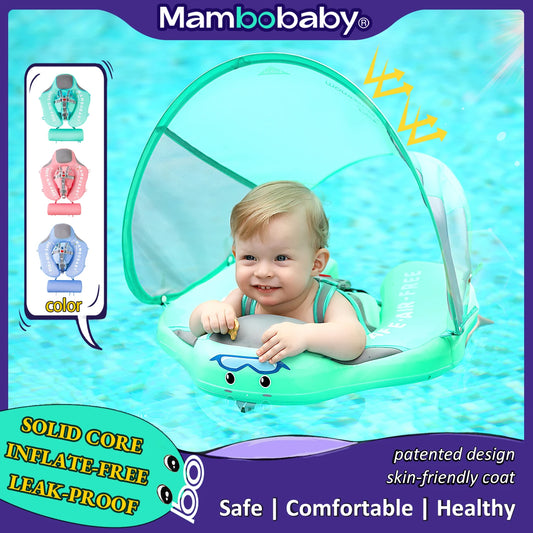 Mambobaby Baby Float with Sunshade Canopy and Crotch Strap Inflatable Safe Core Swimming Pool Accessory