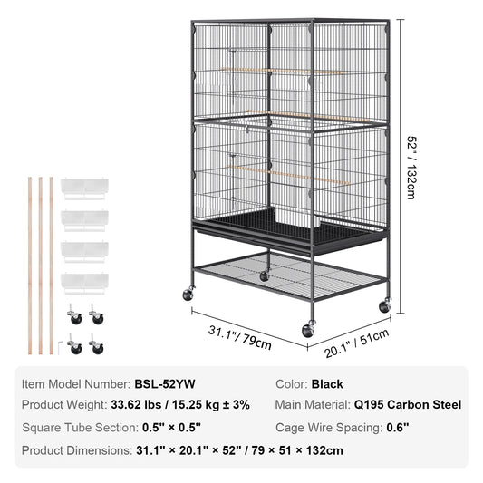 52inch Carbon Steel Flight Bird Cage for Parakeets/Cockatiels/Parrots/Macaw with Rolling Stand