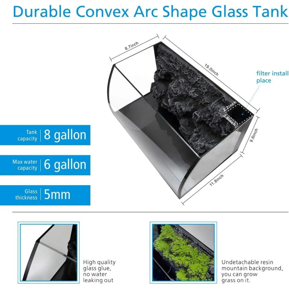 8 Gallon LED  curved Glass Aquarium Kit for Starters with,with 3D Rockery Background Decor