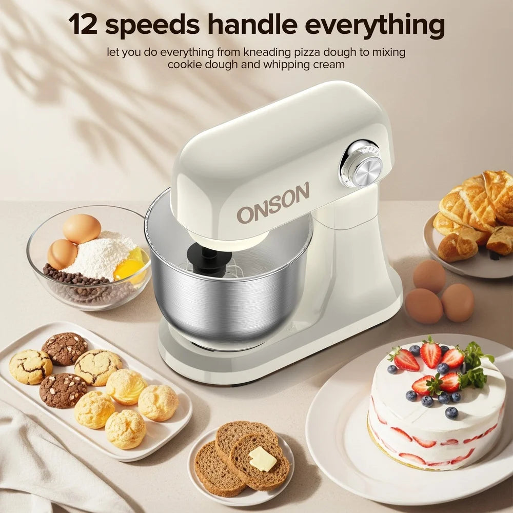 350W 12-Speed Stand Mixer with 5QT Stainless Steel Bowl Dough Hook Whisk Beater Tilt-Head Design Splash Shield Kitchen Mixer