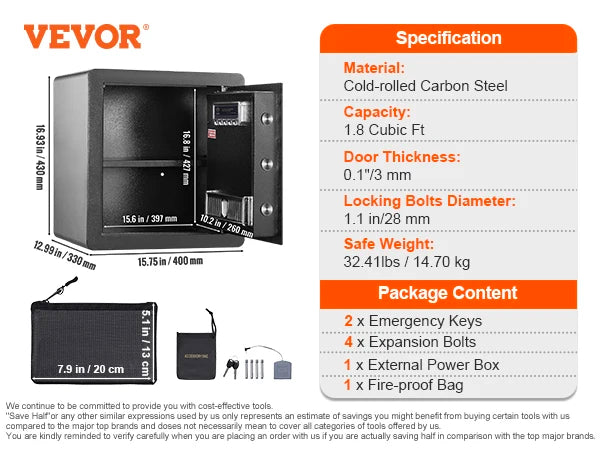 VEVOR Electric Safe 2.2/1.8 Cubic Feet Fingerprint Security Cabinet