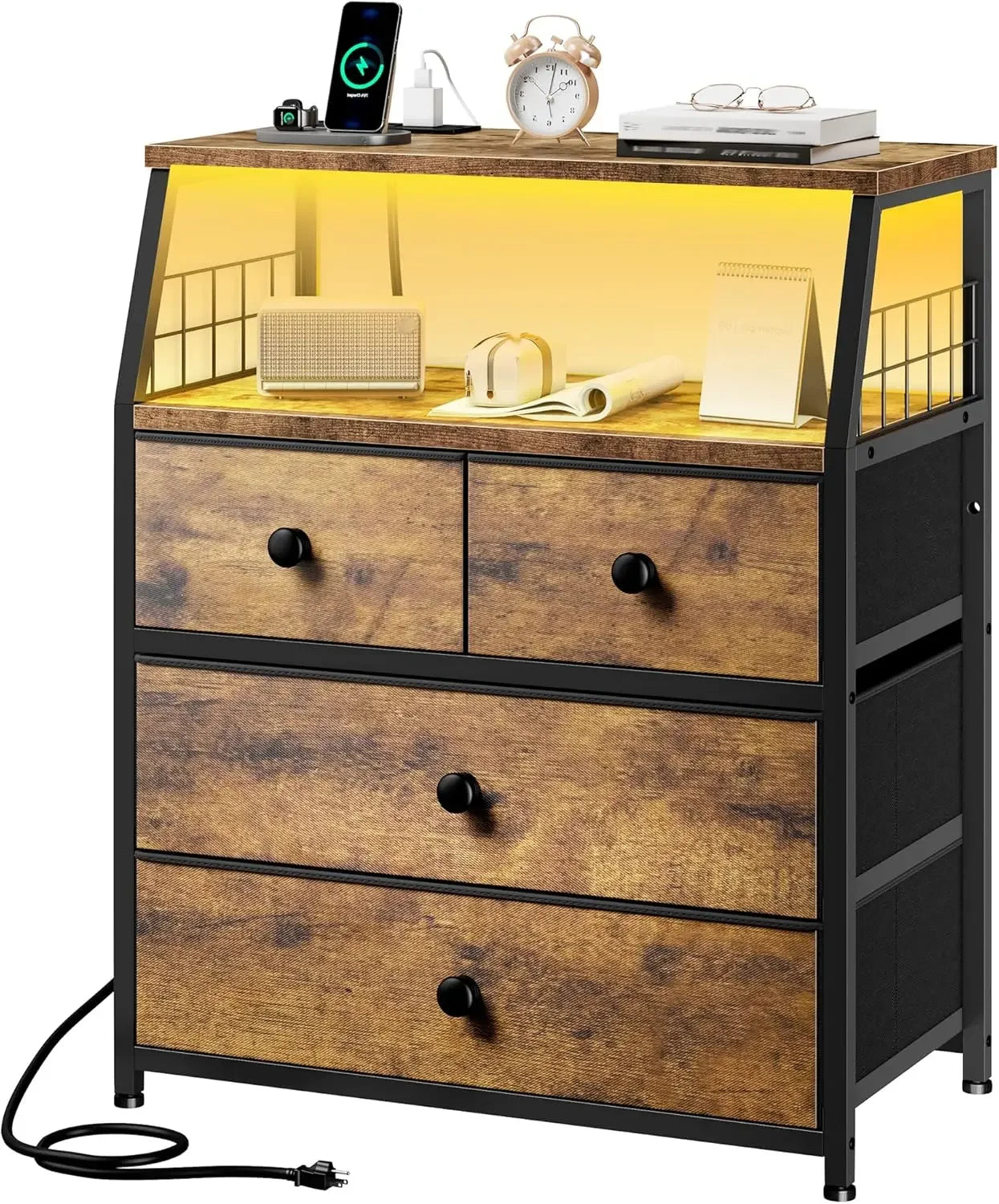 Nightstand Set of 2 With Charging Station And Led Lights