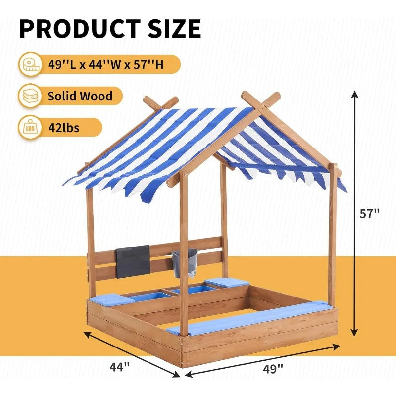 Kids Wooden Sandbox with Roof 49 Inch Large Sand Box for Backyard Garden Beach Outdoor Play