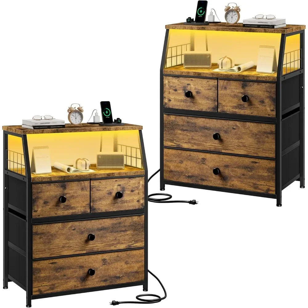 Nightstand Set of 2 With Charging Station And Led Lights