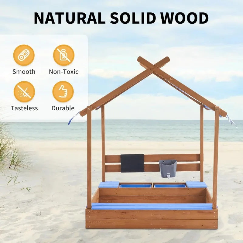 Kids Wooden Sandbox with Roof 49 Inch Large Sand Box for Backyard Garden Beach Outdoor Play