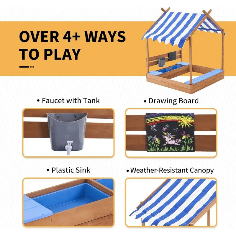 Kids Wooden Sandbox with Roof 49 Inch Large Sand Box for Backyard Garden Beach Outdoor Play