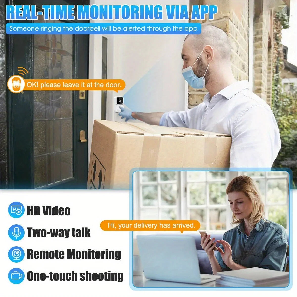Wireless smart video doorbell 2.4GWiFi, 2-channel audio, night vision