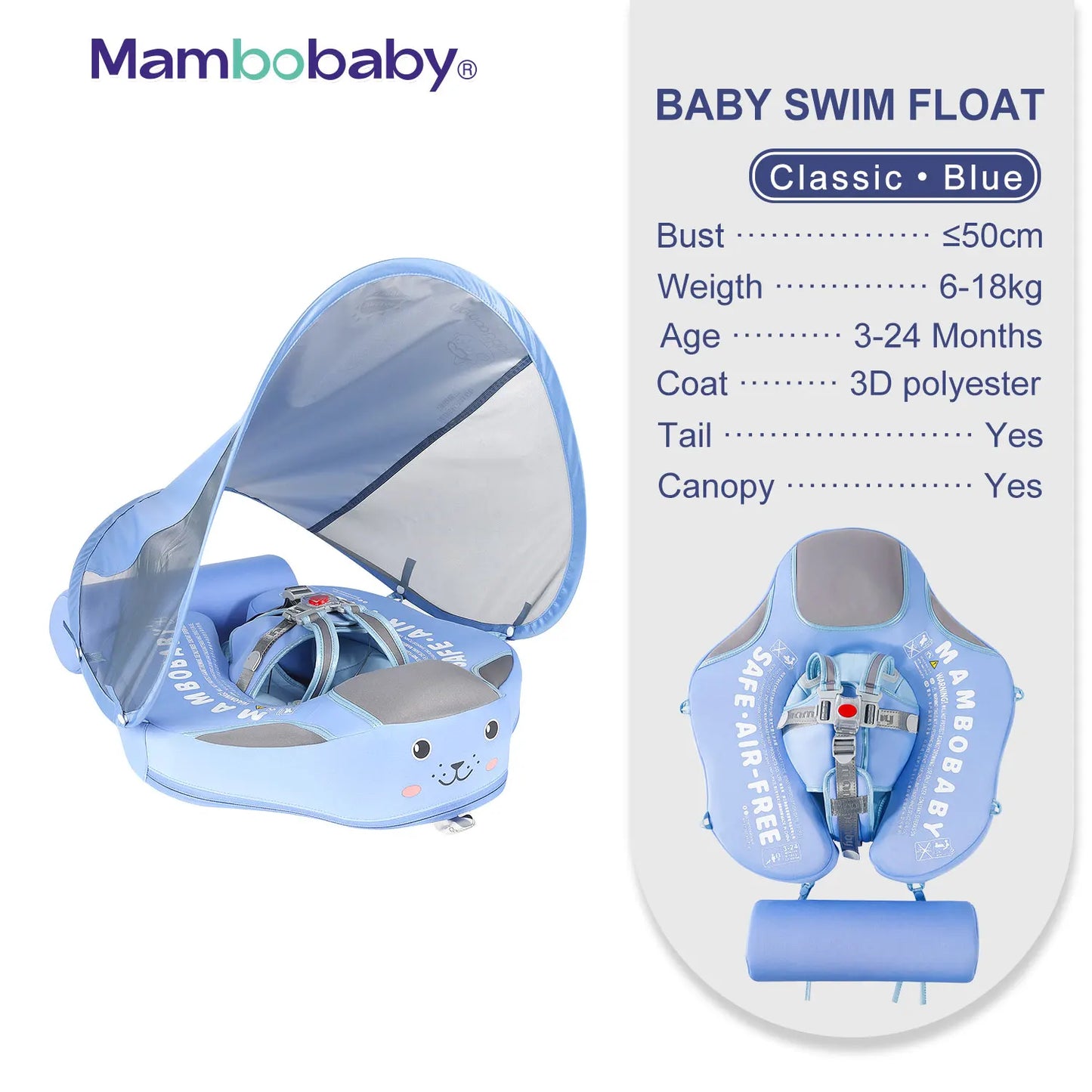 Mambobaby Baby Float with Sunshade Canopy and Crotch Strap Inflatable Safe Core Swimming Pool Accessory