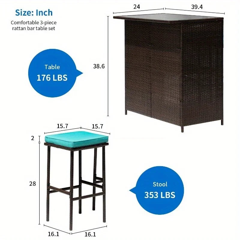 Three Piece Outdoor Bar Set Terrace Wicker Counter High Table with Solid Frame