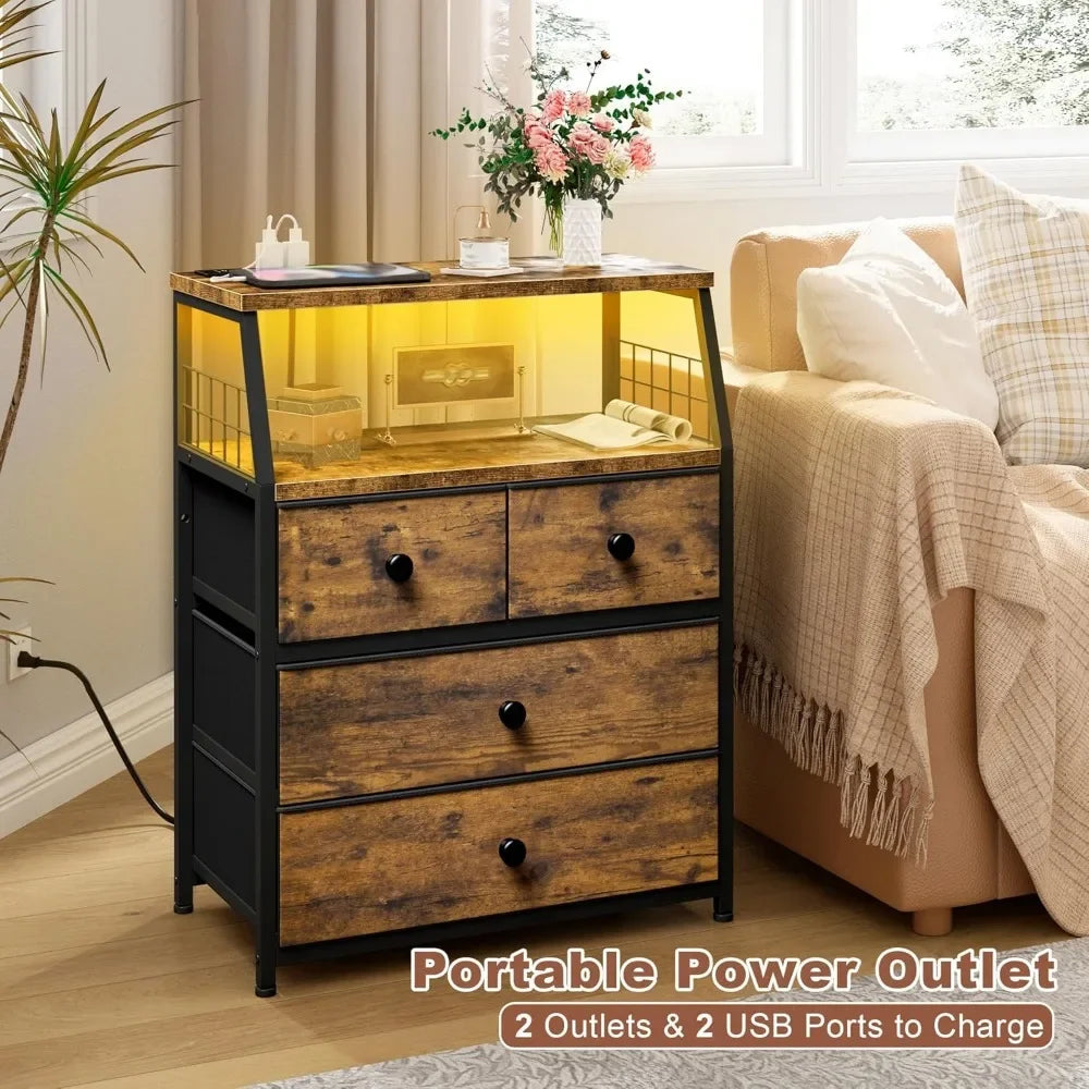 Nightstand Set of 2 With Charging Station And Led Lights