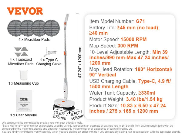 Cordless Electric Mop Up to 40/70 mins Battery