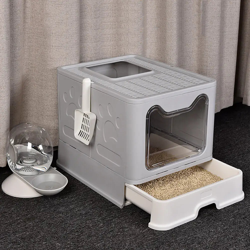 Foldable Cat Litter Box with Front Entry & Top Exit with Tray