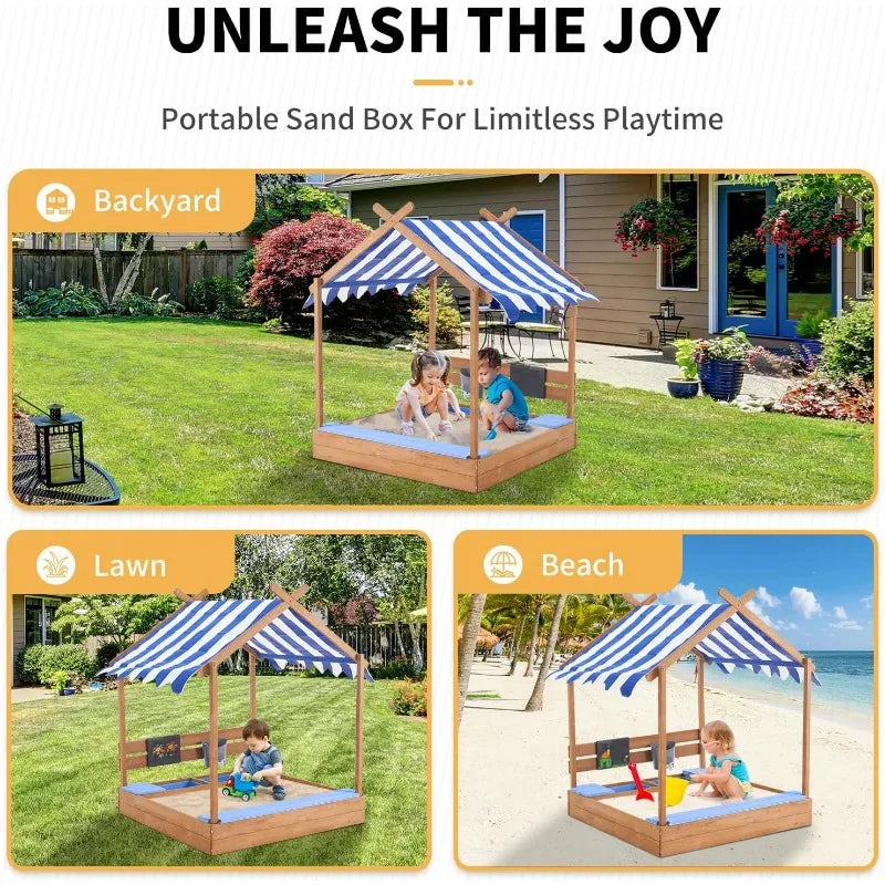 Kids Wooden Sandbox with Roof 49 Inch Large Sand Box for Backyard Garden Beach Outdoor Play