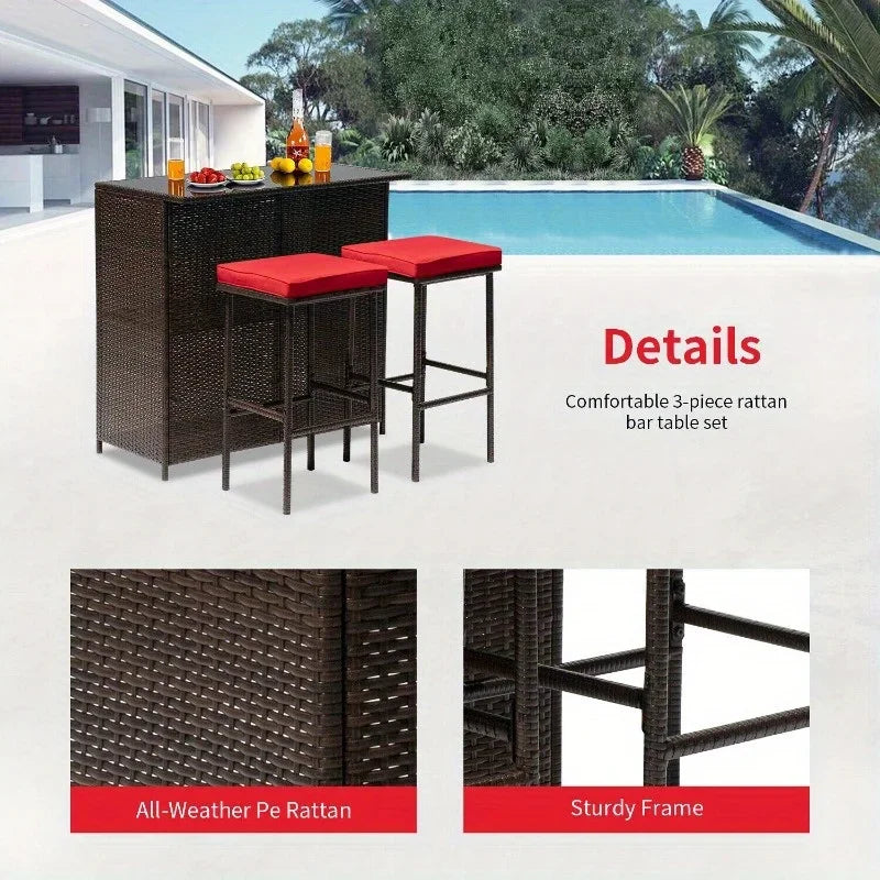 Three Piece Outdoor Bar Set Terrace Wicker Counter High Table with Solid Frame