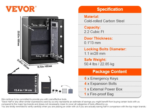 VEVOR Electric Safe 2.2/1.8 Cubic Feet Fingerprint Security Cabinet