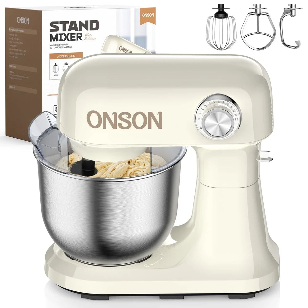 350W 12-Speed Stand Mixer with 5QT Stainless Steel Bowl Dough Hook Whisk Beater Tilt-Head Design Splash Shield Kitchen Mixer