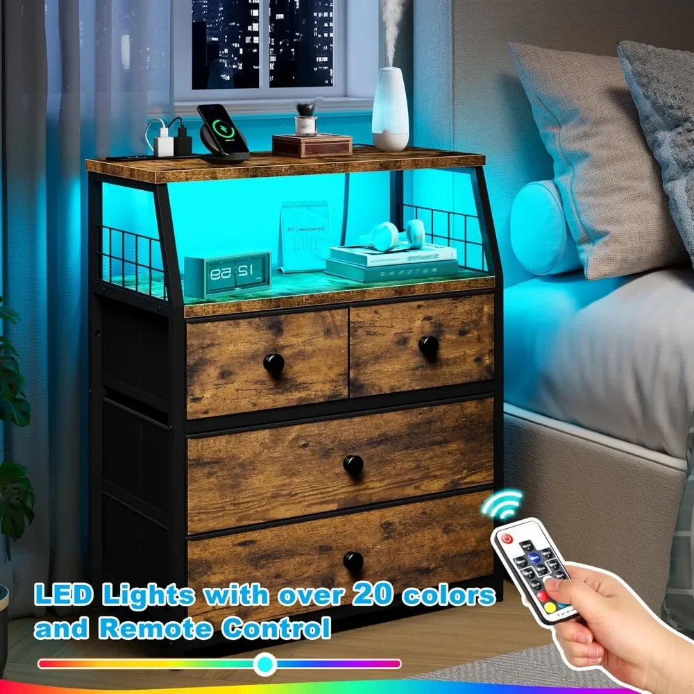 Nightstand Set of 2 With Charging Station And Led Lights