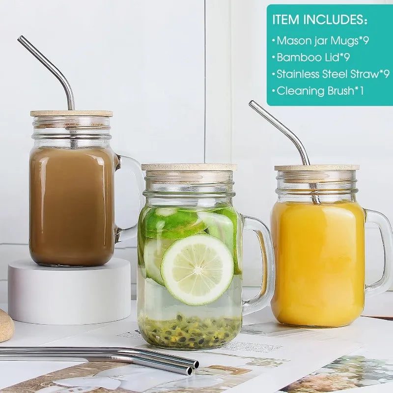 9 Pack 16 Oz Mason Jar with Bamboo Lid and Straw