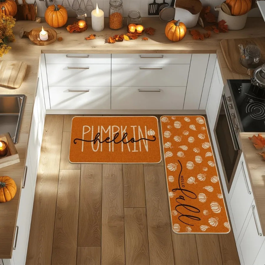 Orange Pumpkin Fall Kitchen Mats Set Of 2 17x29 And 17x47