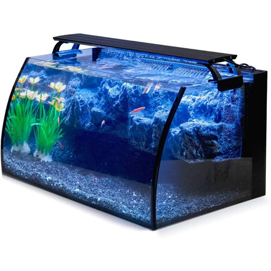 8 Gallon LED  curved Glass Aquarium Kit for Starters with,with 3D Rockery Background Decor