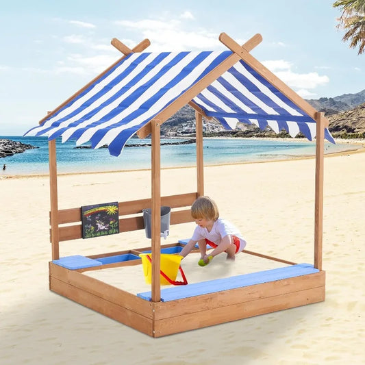 Kids Wooden Sandbox with Roof 49 Inch Large Sand Box for Backyard Garden Beach Outdoor Play