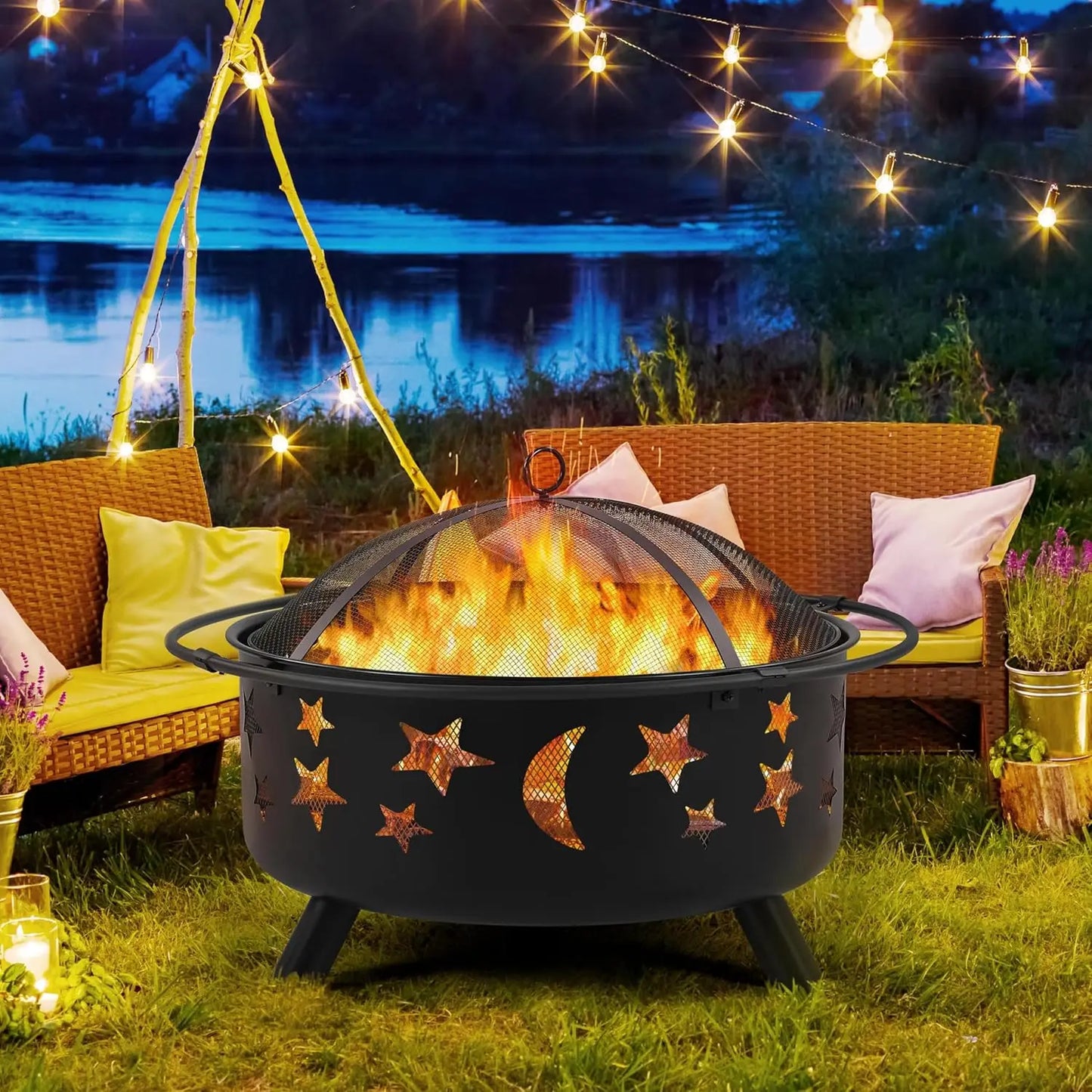 Fire Pit 30 Inch Wood Burning With Spark Screen And Poker