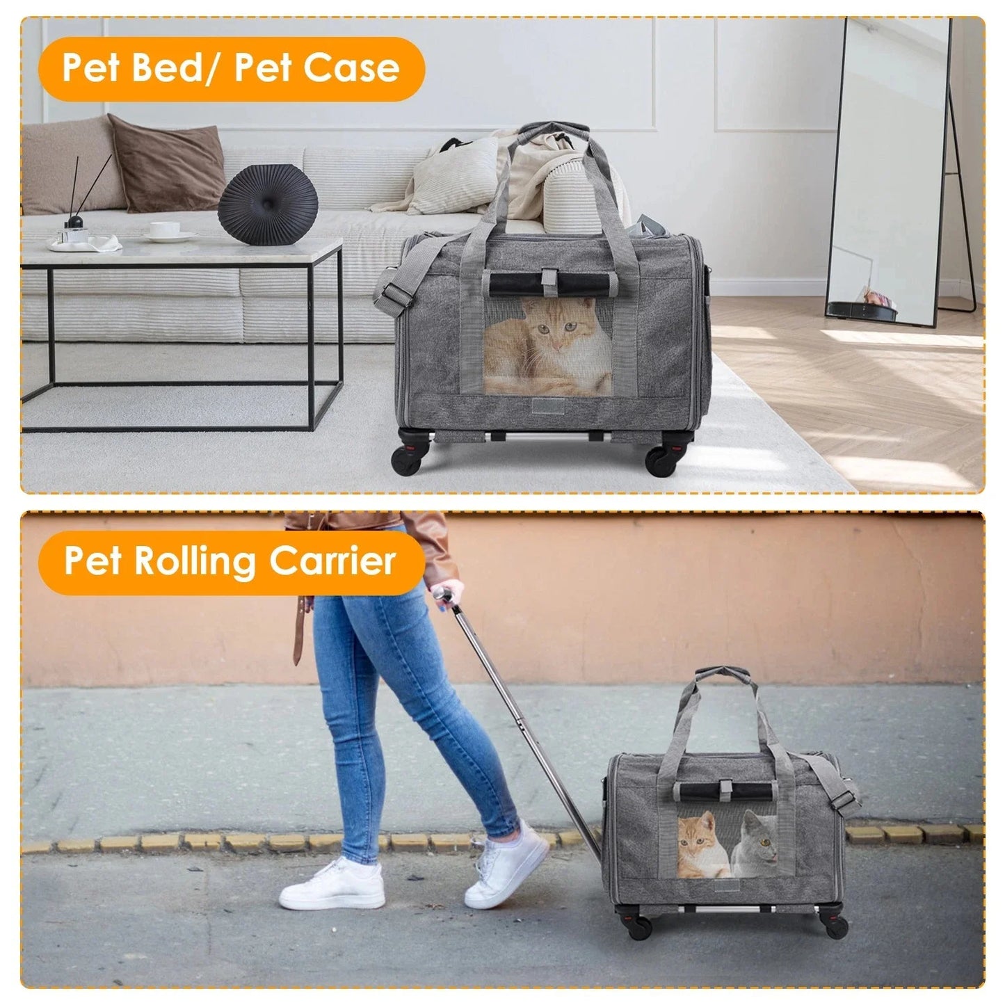 Cat Dog Carrier with Wheels Airline Approved Rolling Pet Carrier
