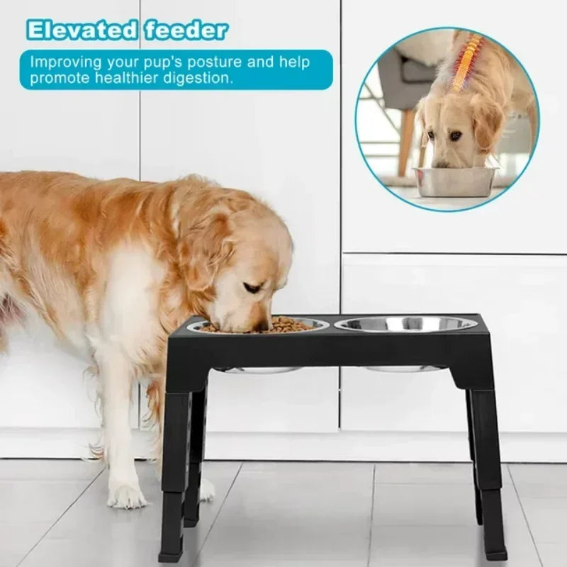 5 Height-Adjustable Raised Dog Bowl Racks with 2 Stainless Steel Food Bowls for Large Dogs and Cats Black