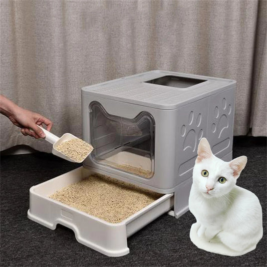 Foldable Cat Litter Box with Front Entry & Top Exit with Tray