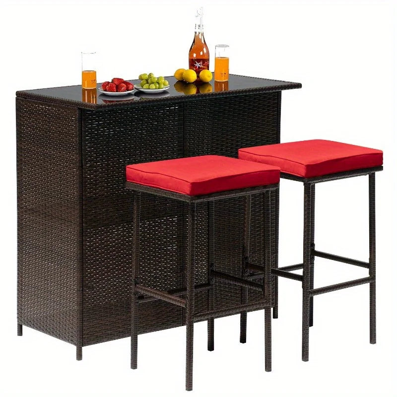 Three Piece Outdoor Bar Set Terrace Wicker Counter High Table with Solid Frame