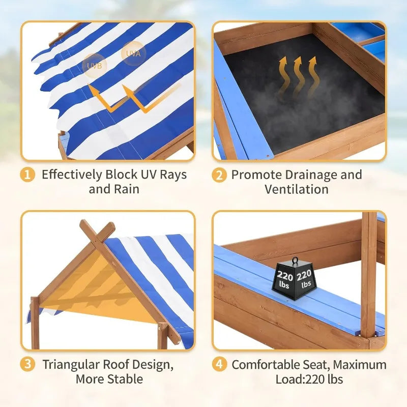 Kids Wooden Sandbox with Roof 49 Inch Large Sand Box for Backyard Garden Beach Outdoor Play