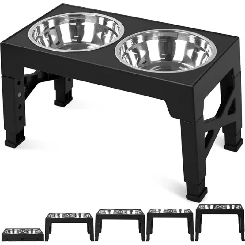 5 Height-Adjustable Raised Dog Bowl Racks with 2 Stainless Steel Food Bowls for Large Dogs and Cats Black