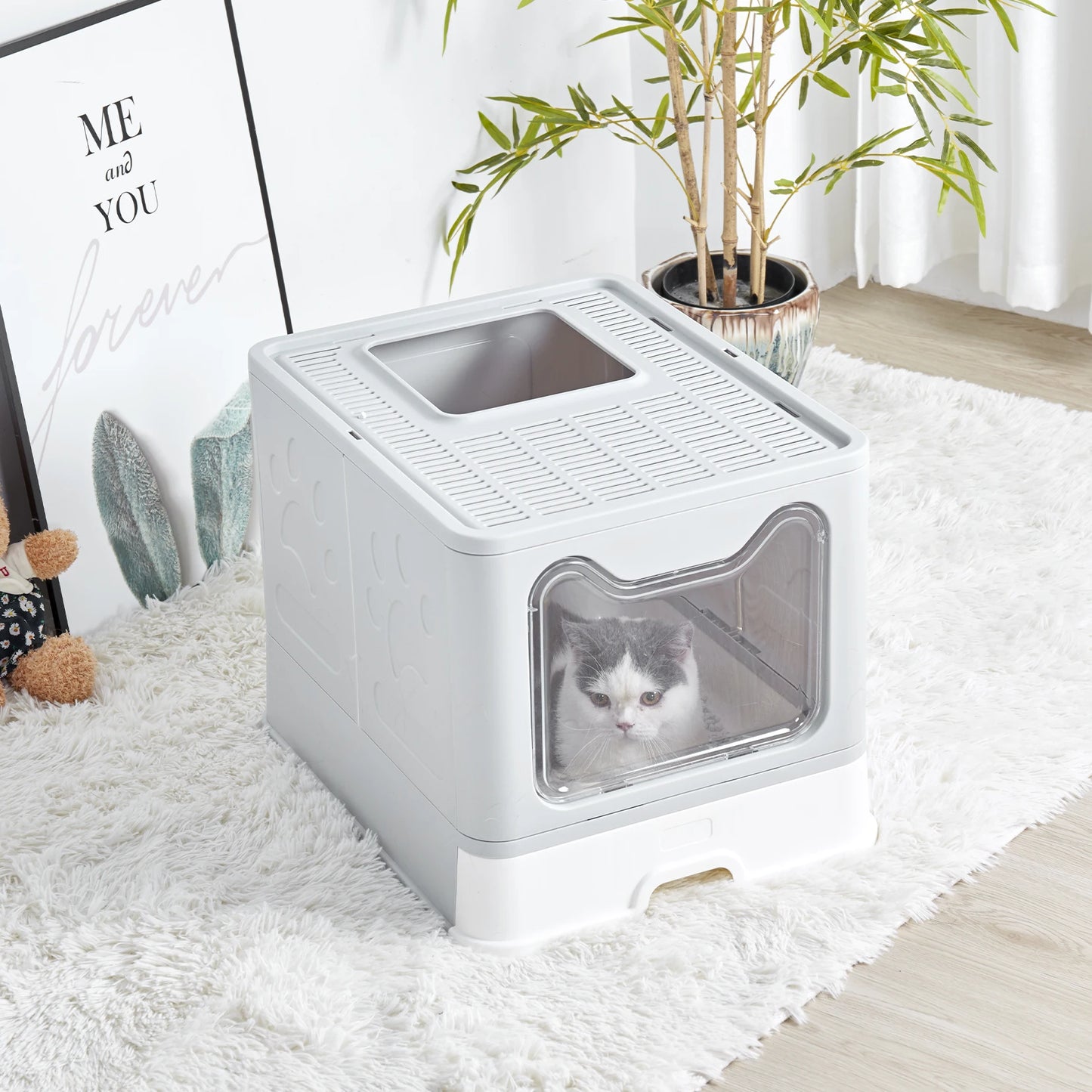 Foldable Cat Litter Box with Front Entry & Top Exit with Tray