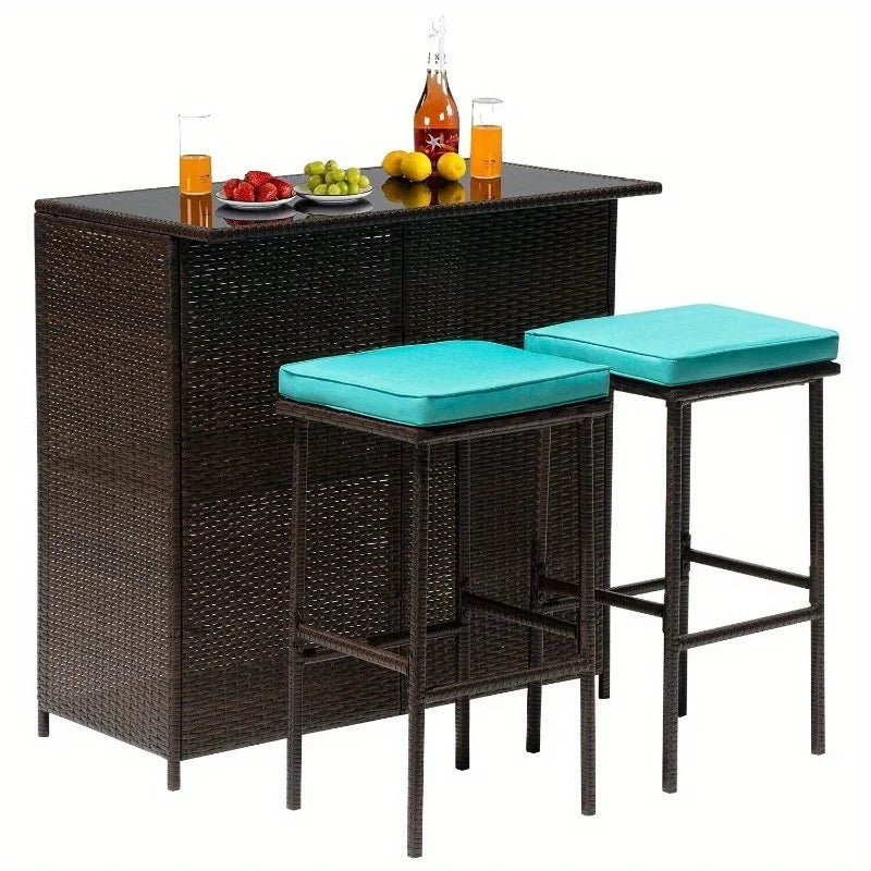 Three Piece Outdoor Bar Set Terrace Wicker Counter High Table with Solid Frame