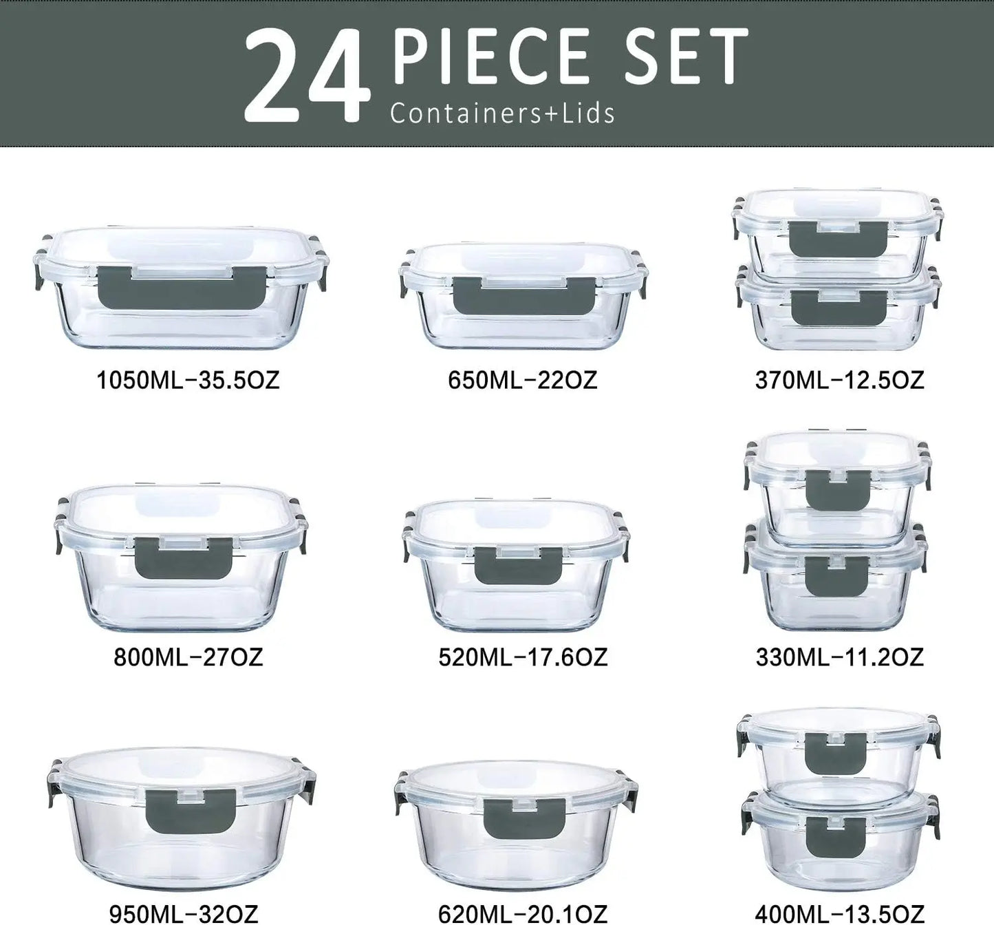 24-Piece Glass Food Storage Containers with Upgraded Snap Locking Lids