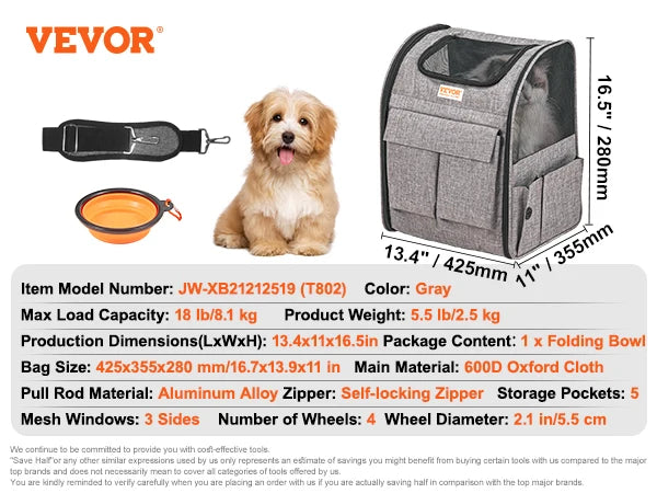 Dog/ cat Carry Backpack with Telescopic Handle Wheels and Shoulder Strap