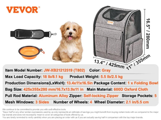 Dog/ cat Carry Backpack with Telescopic Handle Wheels and Shoulder Strap