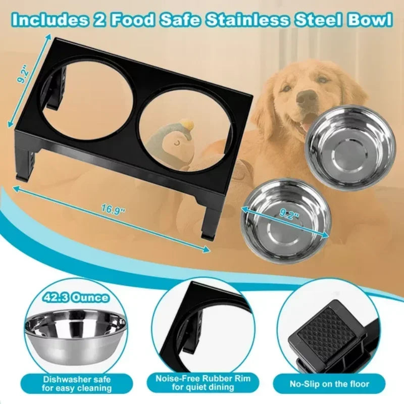 5 Height-Adjustable Raised Dog Bowl Racks with 2 Stainless Steel Food Bowls for Large Dogs and Cats Black