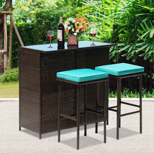 Three Piece Outdoor Bar Set Terrace Wicker Counter High Table with Solid Frame